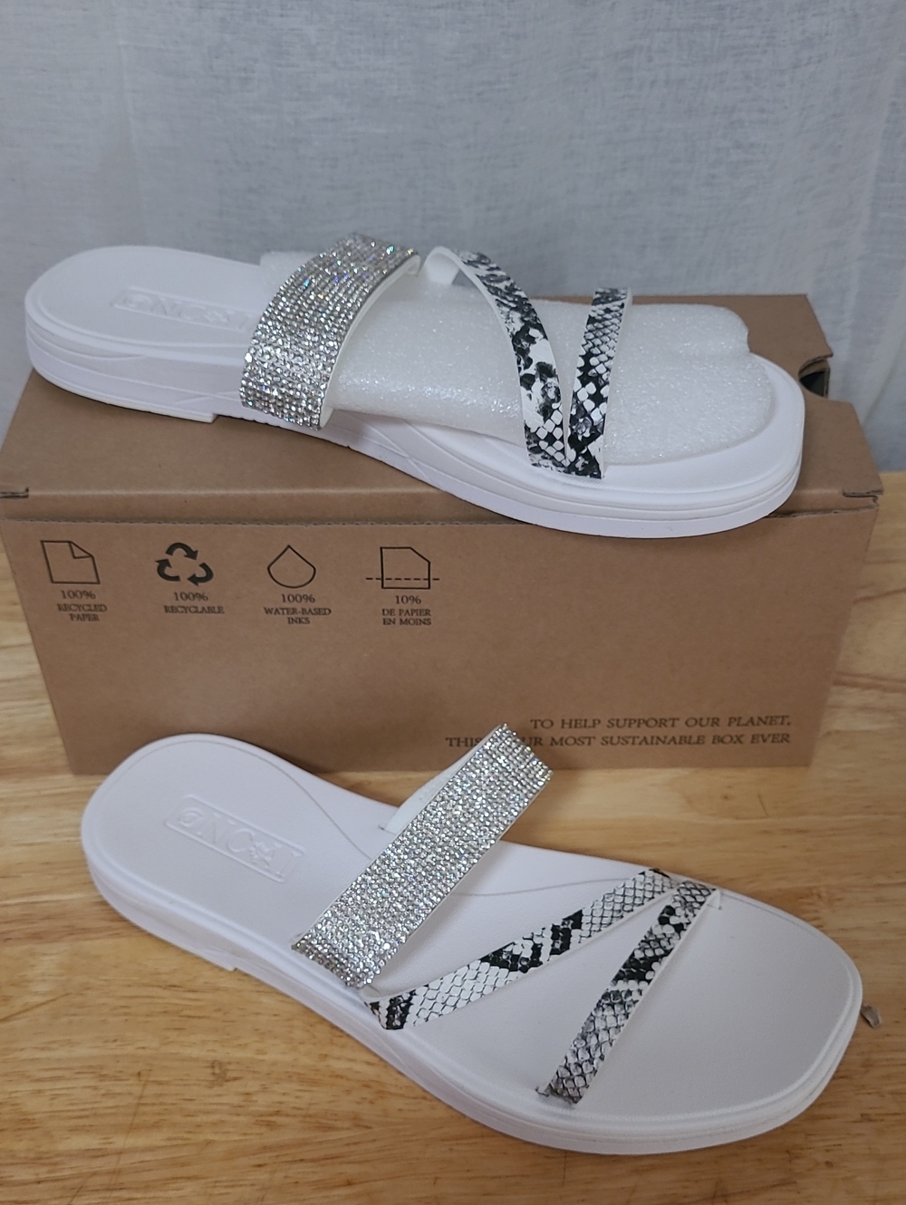 Sparkling White Slide Sandals with Silver Rhinestone Strap